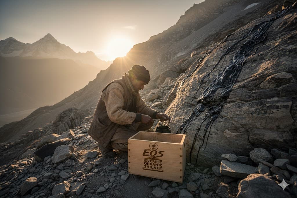 Pure Shilajit resin carefully harvested from pristine Himalayan rocks in Gilgit-Baltistan.